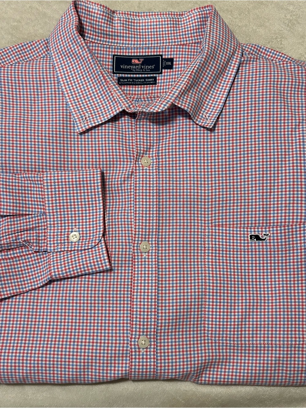 Vineyard Vines Tucker Shirt Mens XXL Red Blue Plaid Long Sleeve Slim Fit Stretch
